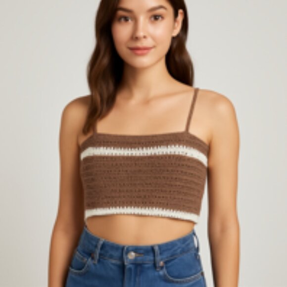 Handmade Crochet Crop Top Brown and White Striped Boho Festival Style - Picture 1 of 3